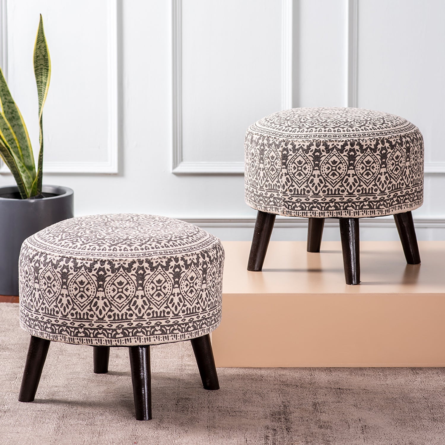 Mandala Fabric Wooden Ottoman in Grey Color