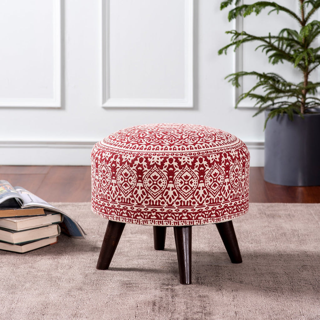 Mandala Fabric Wooden Ottoman in Red Color