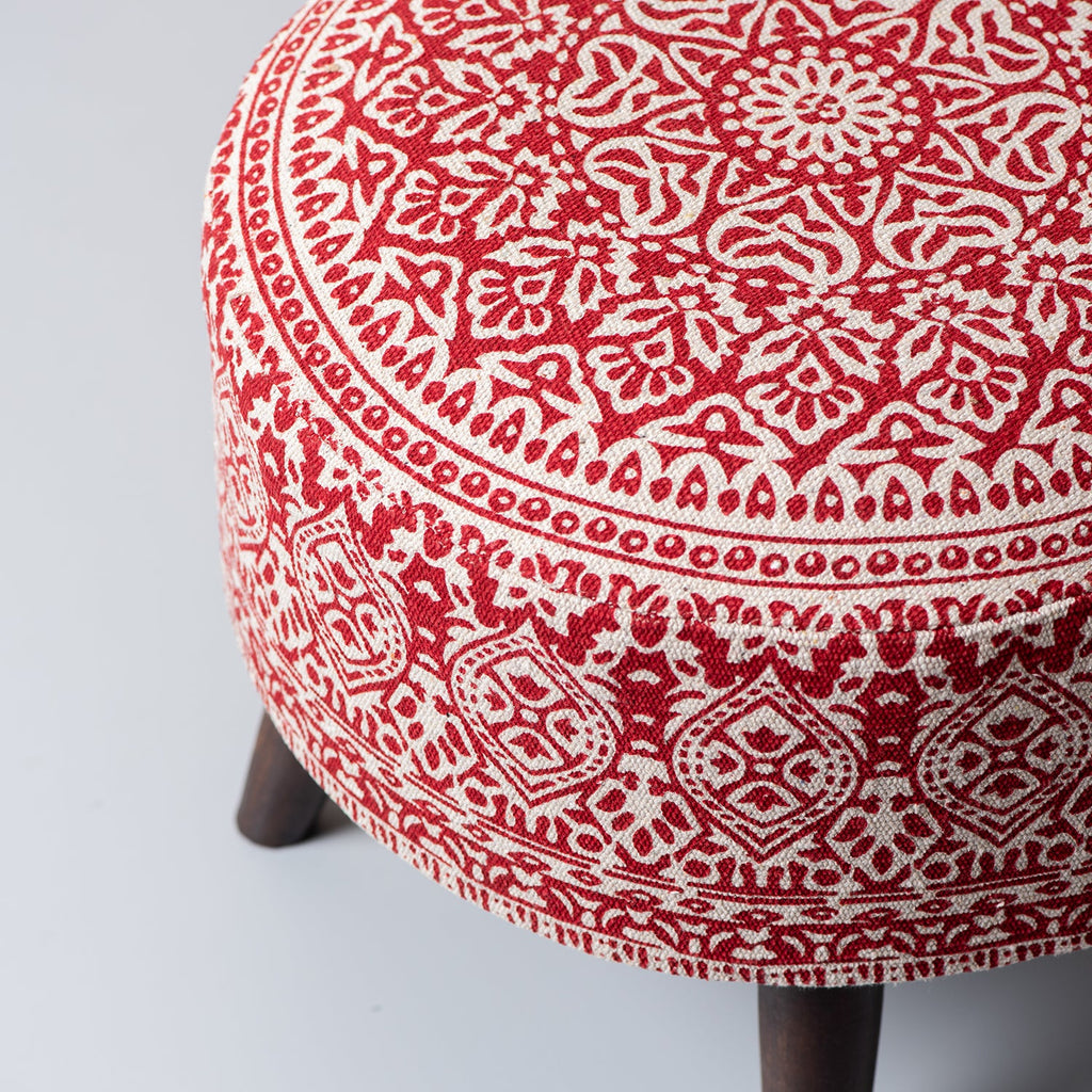 Mandala Fabric Wooden Ottoman in Red Color