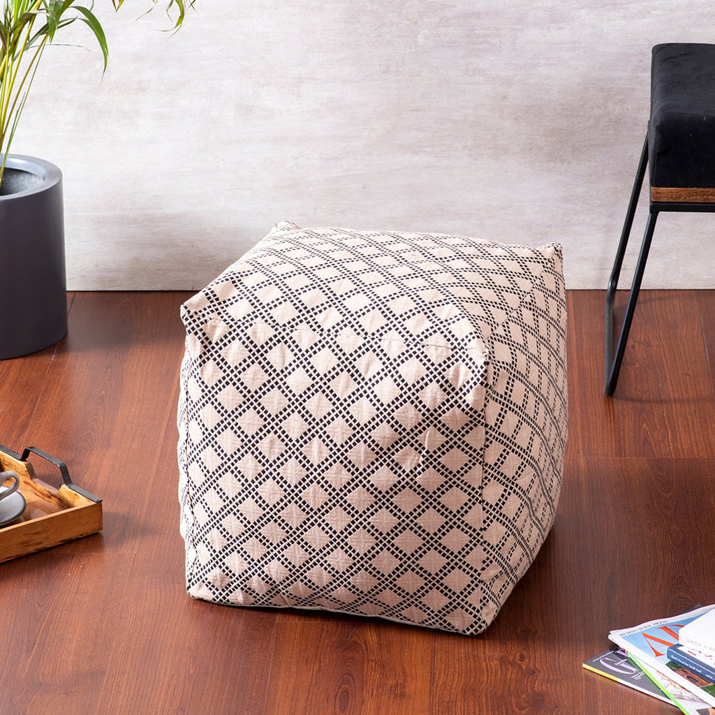 Quad Jacquard Pouf in Cream Color