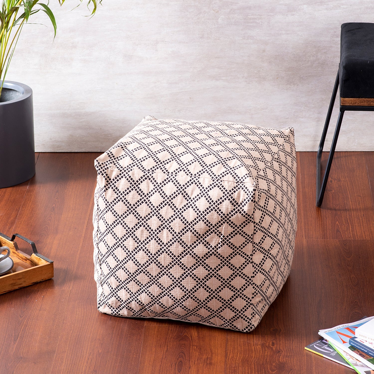 Quad Jacquard Pouf in Cream Color