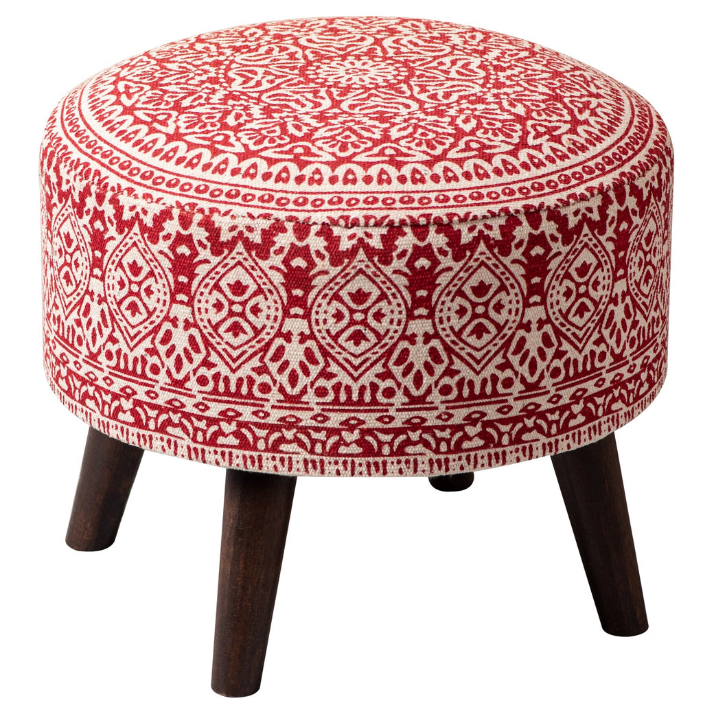 Mandala Fabric Wooden Ottoman in Red Color