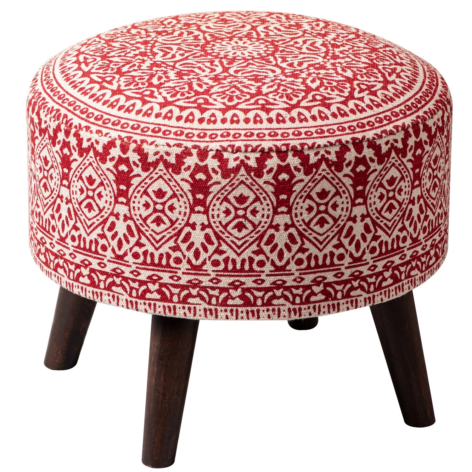 Mandala Fabric Wooden Ottoman in Red Color