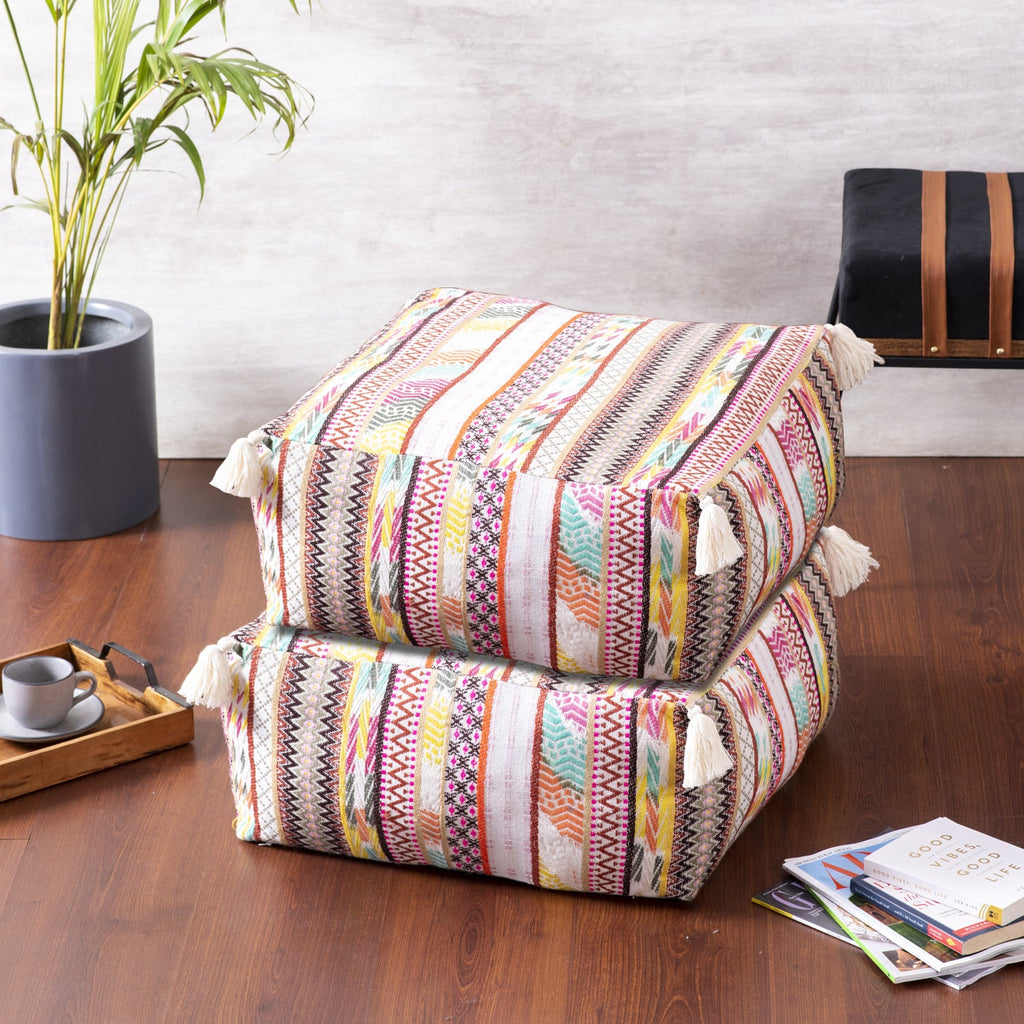 Hues Jacquard Pouf in Multi Color Set of 2