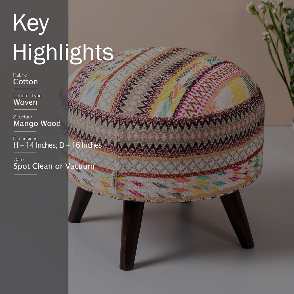 Hues Jacquard Wooden Ottoman in Multicolor