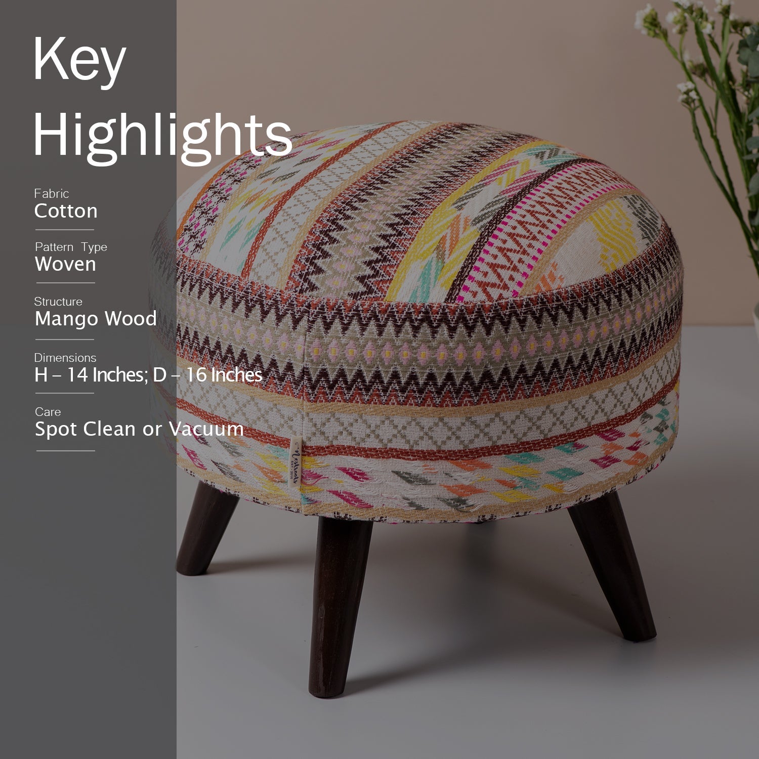 Hues Jacquard Wooden Ottoman in Multicolor