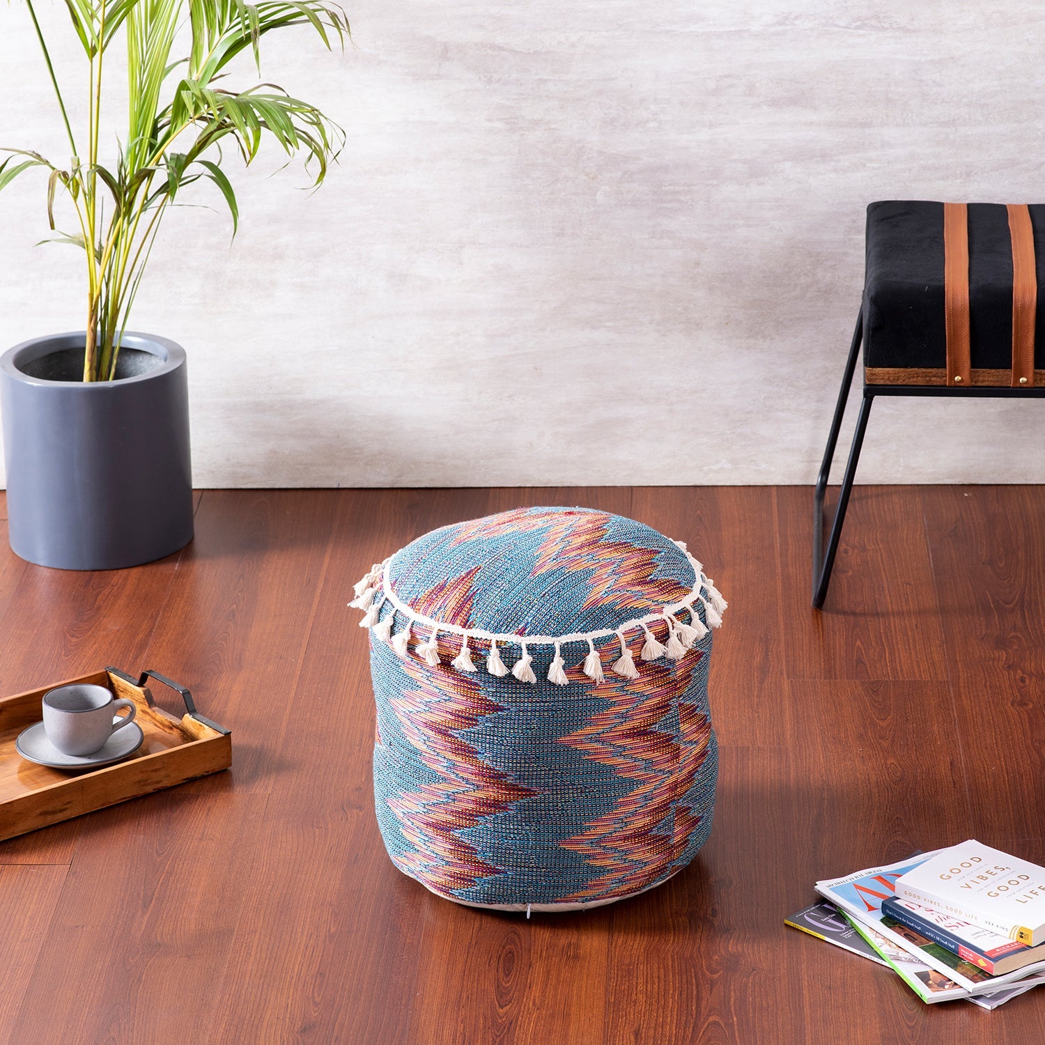 Blue Zig Zag Pouf with filler set of 2