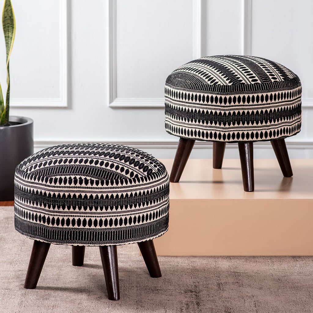 Bohemian Jacquard Wooden Ottoman in Black & White Set of 2