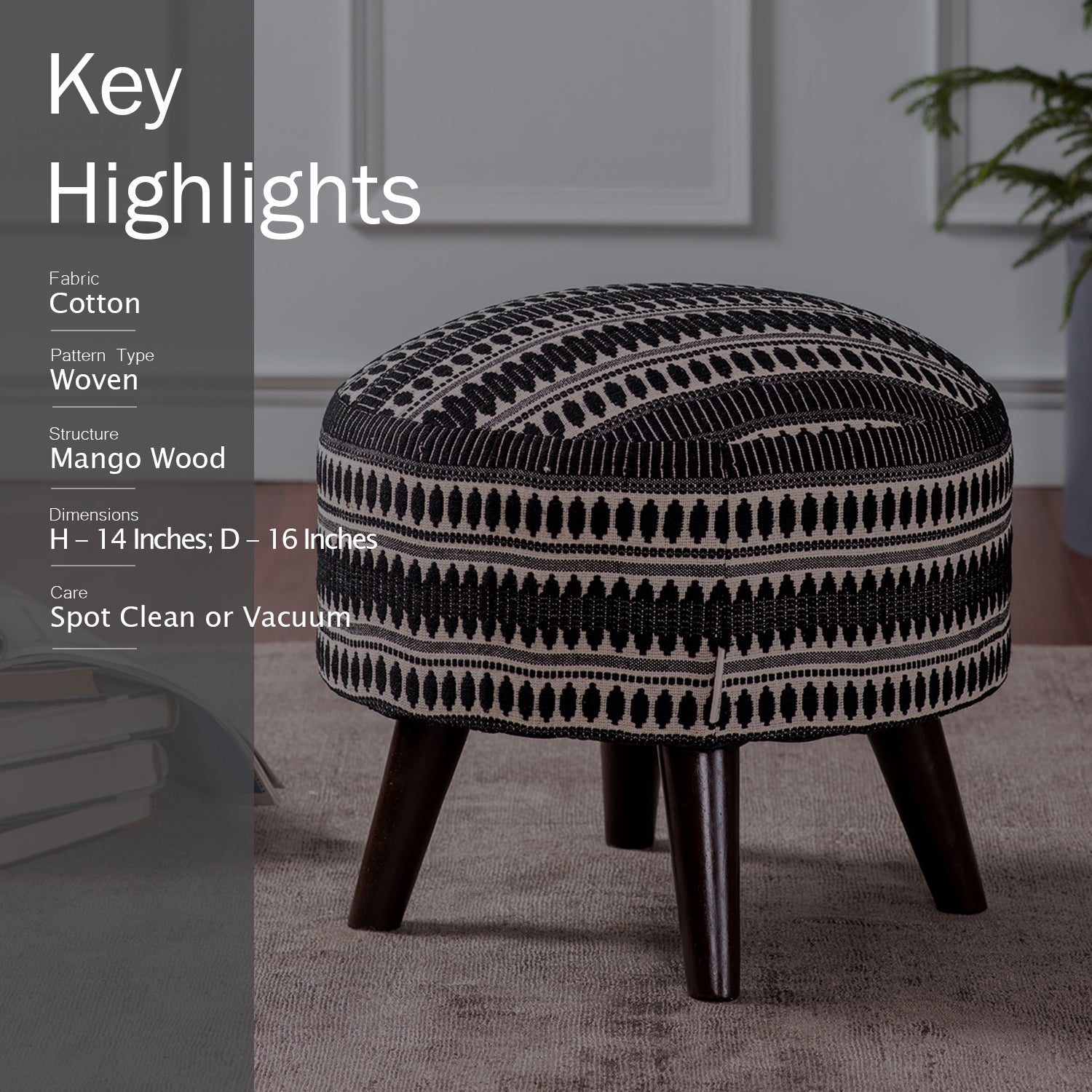 Bohemian Jacquard Wooden Ottoman in Black & White Set of 2