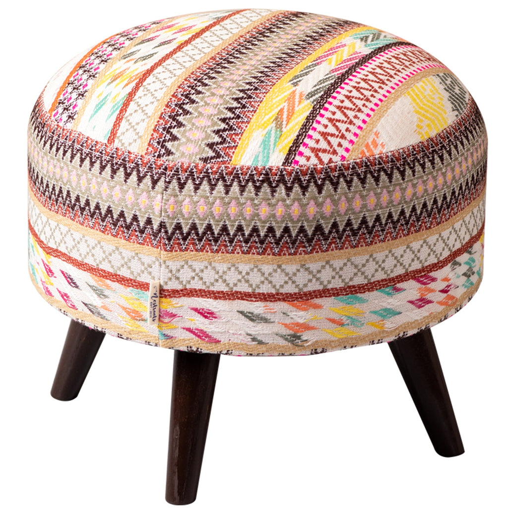 Hues Jacquard Wooden Ottoman in Multicolor
