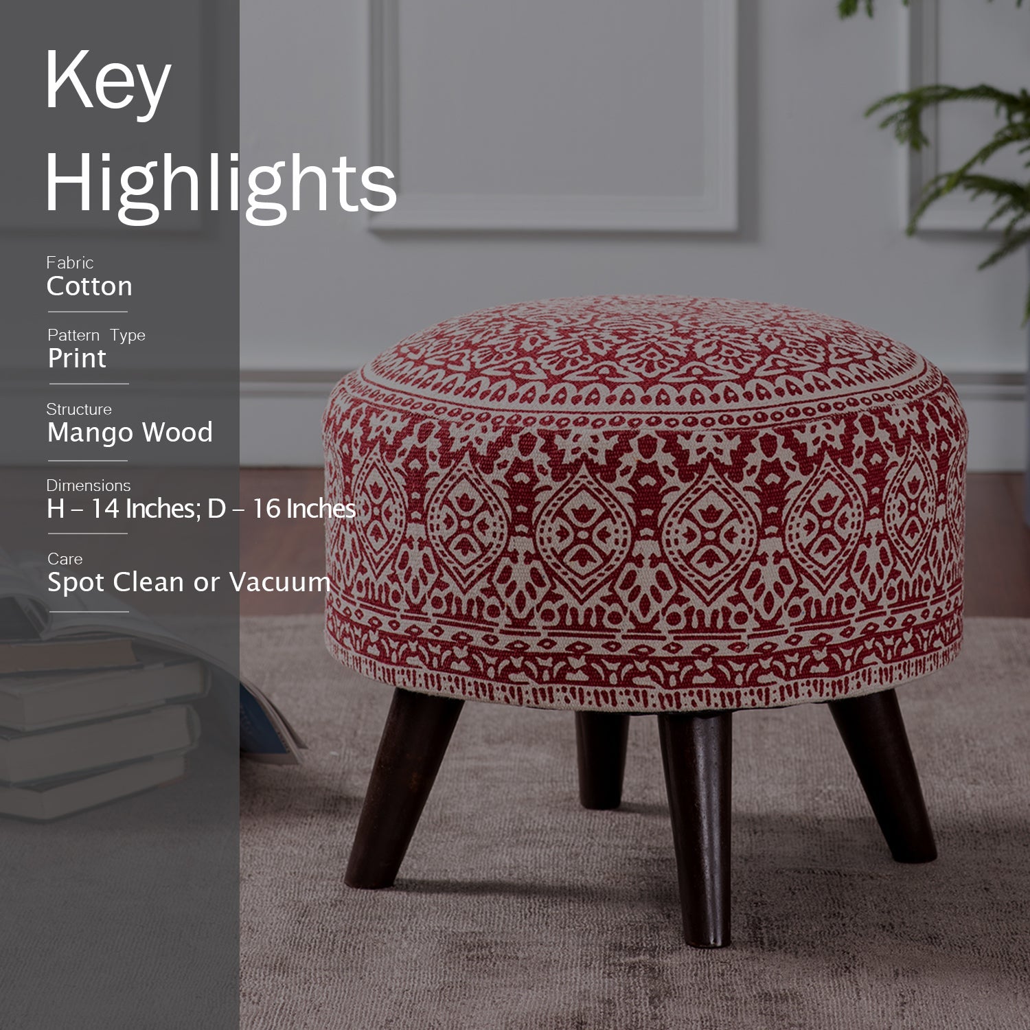 Mandala Fabric Wooden Ottoman in Red Color