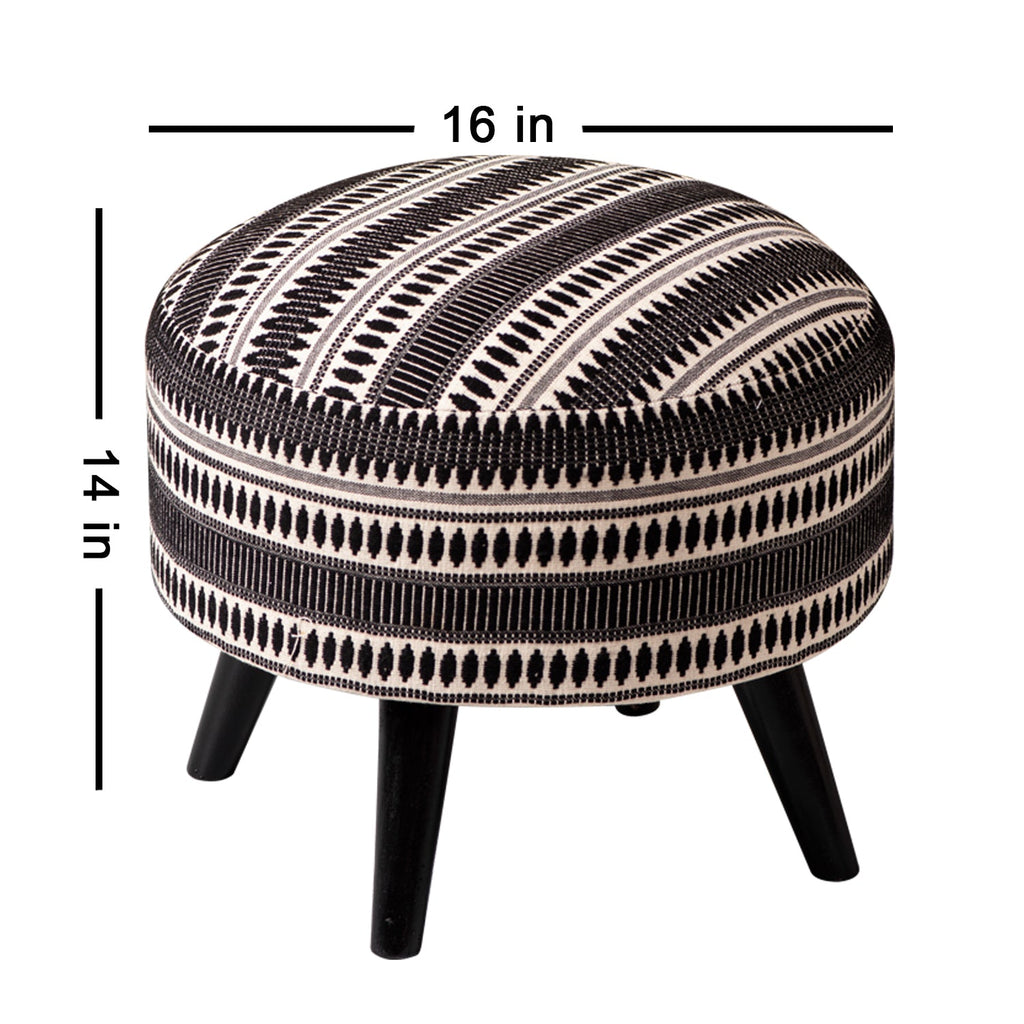 Bohemian Jacquard Wooden Ottoman in Black & White Set of 2