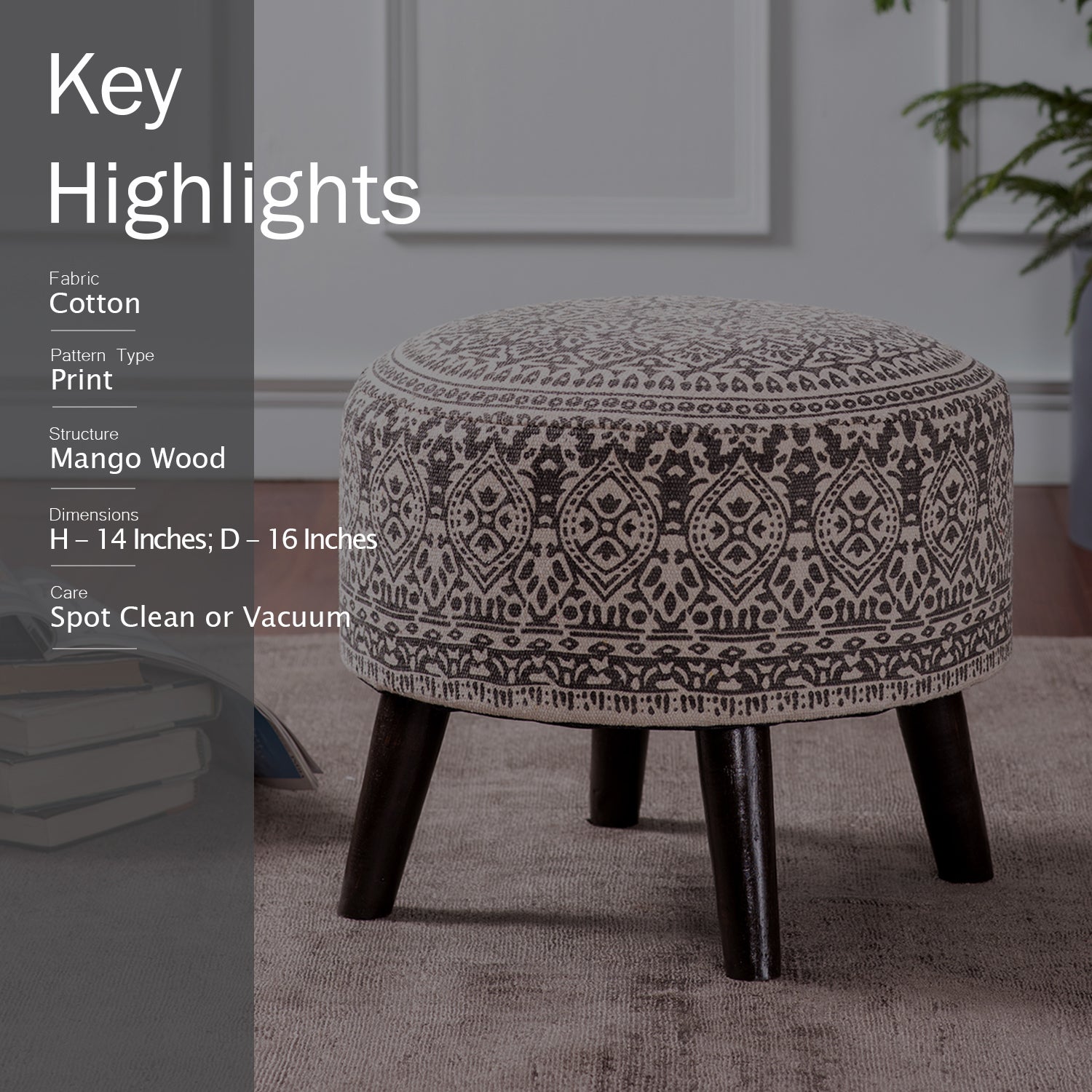 Mandala Fabric Wooden Ottoman in Grey Color