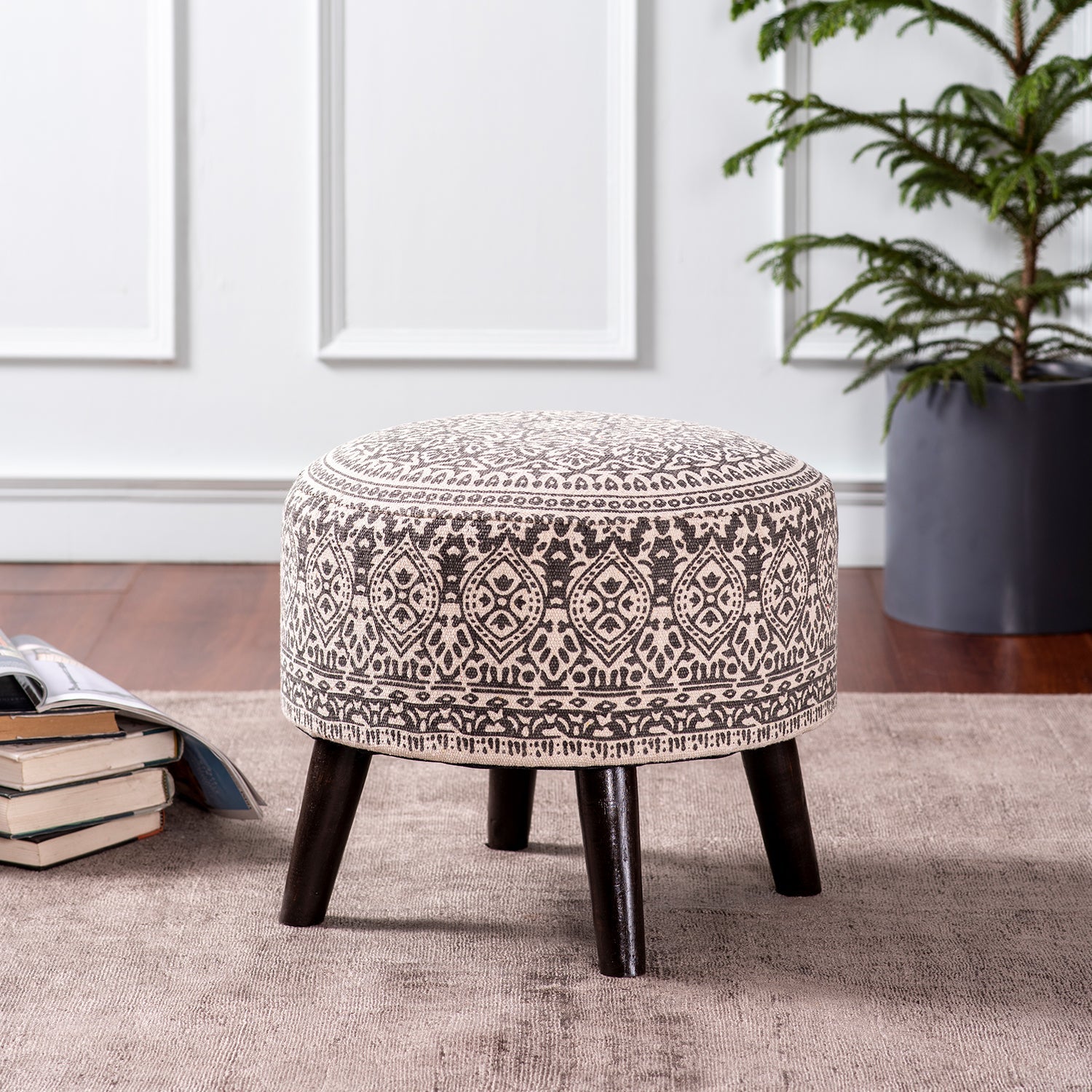 Mandala Fabric Wooden Ottoman in Grey Color
