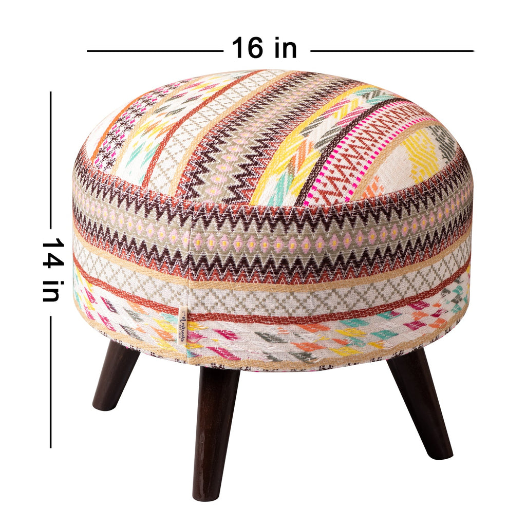 Hues Jacquard Wooden Ottoman in Multicolor