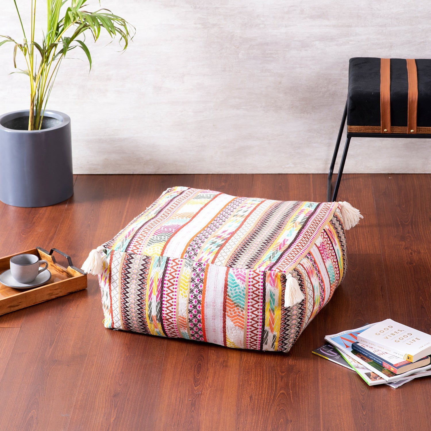 Hues Jacquard Pouf in Multi Color Set of 2