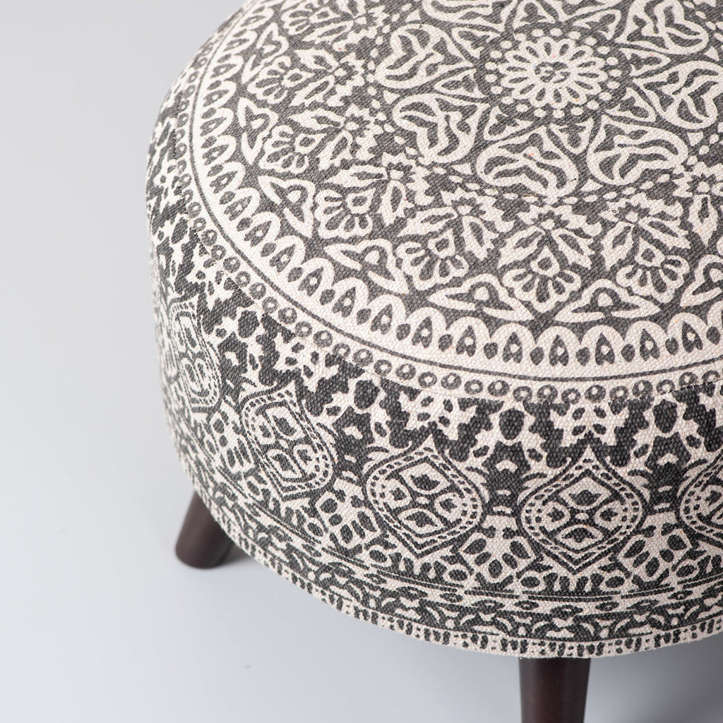 Mandala Fabric Wooden Ottoman in Grey Color