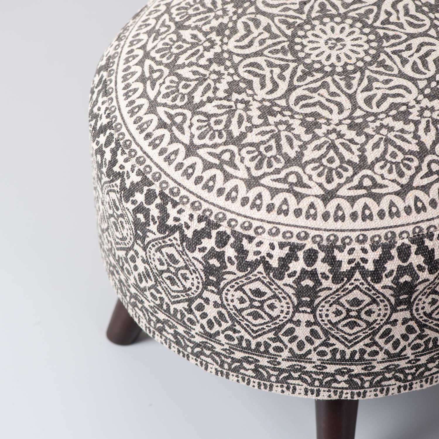 Mandala Fabric Wooden Ottoman in Grey Color