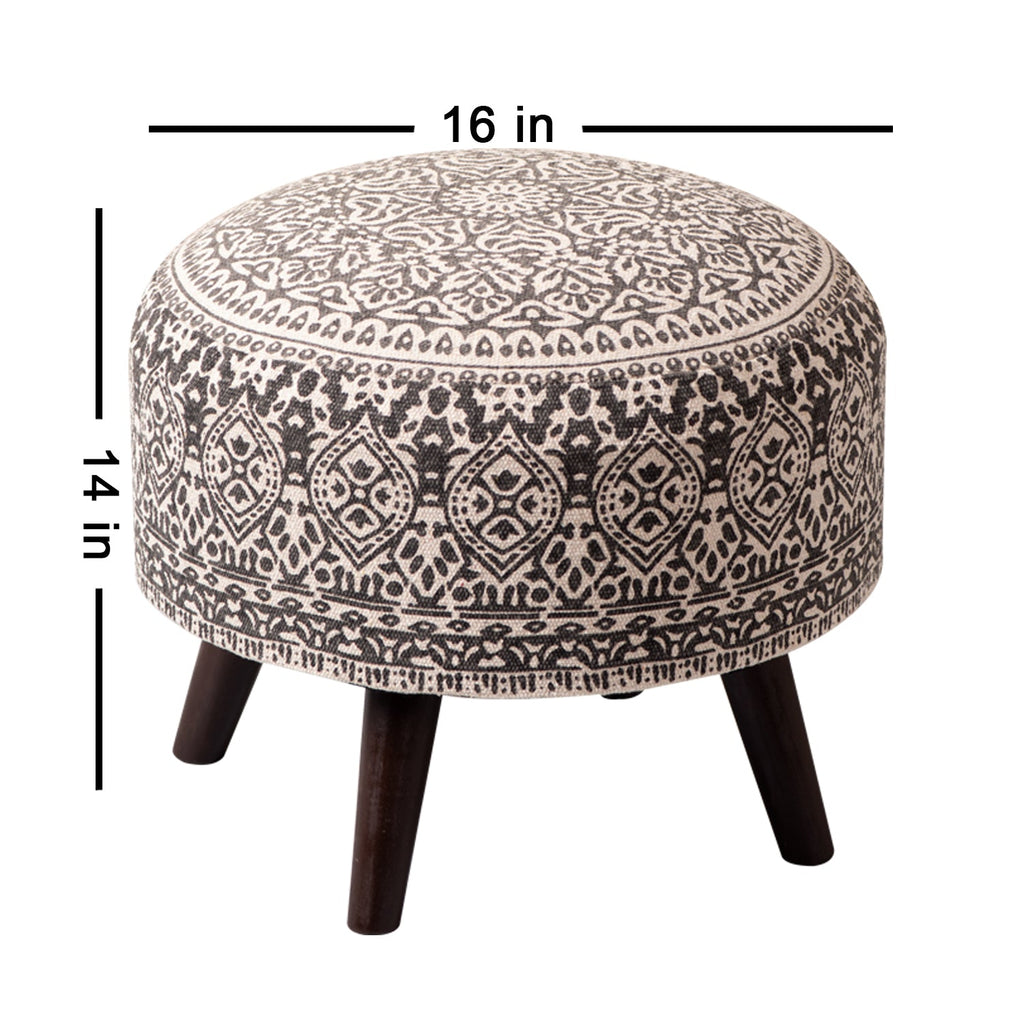Mandala Fabric Wooden Ottoman in Grey Color