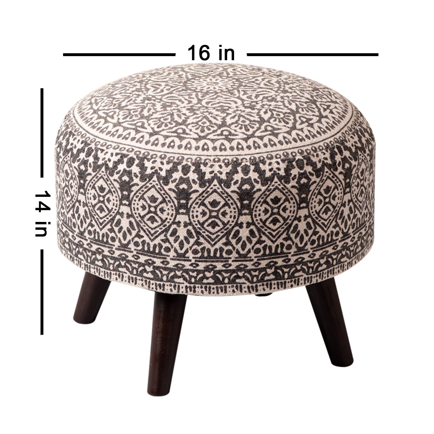 Mandala Fabric Wooden Ottoman in Grey Color