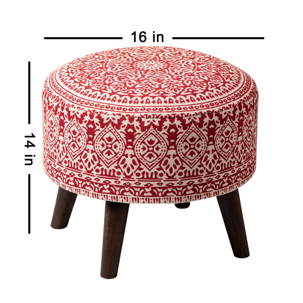 Mandala Fabric Wooden Ottoman in Red Color