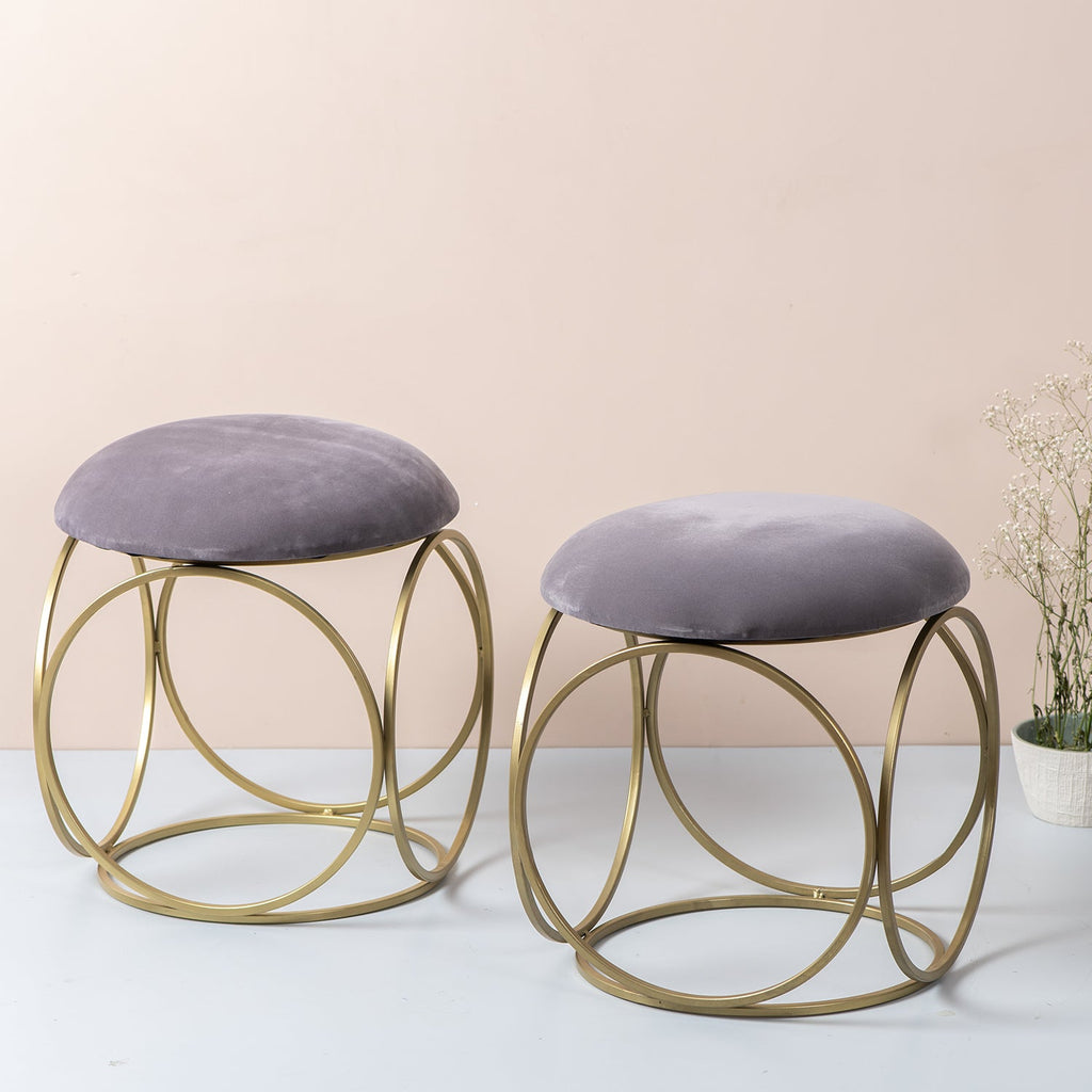 Classic Velvet Ring Metallic Stool in Grey Color Set of 2
