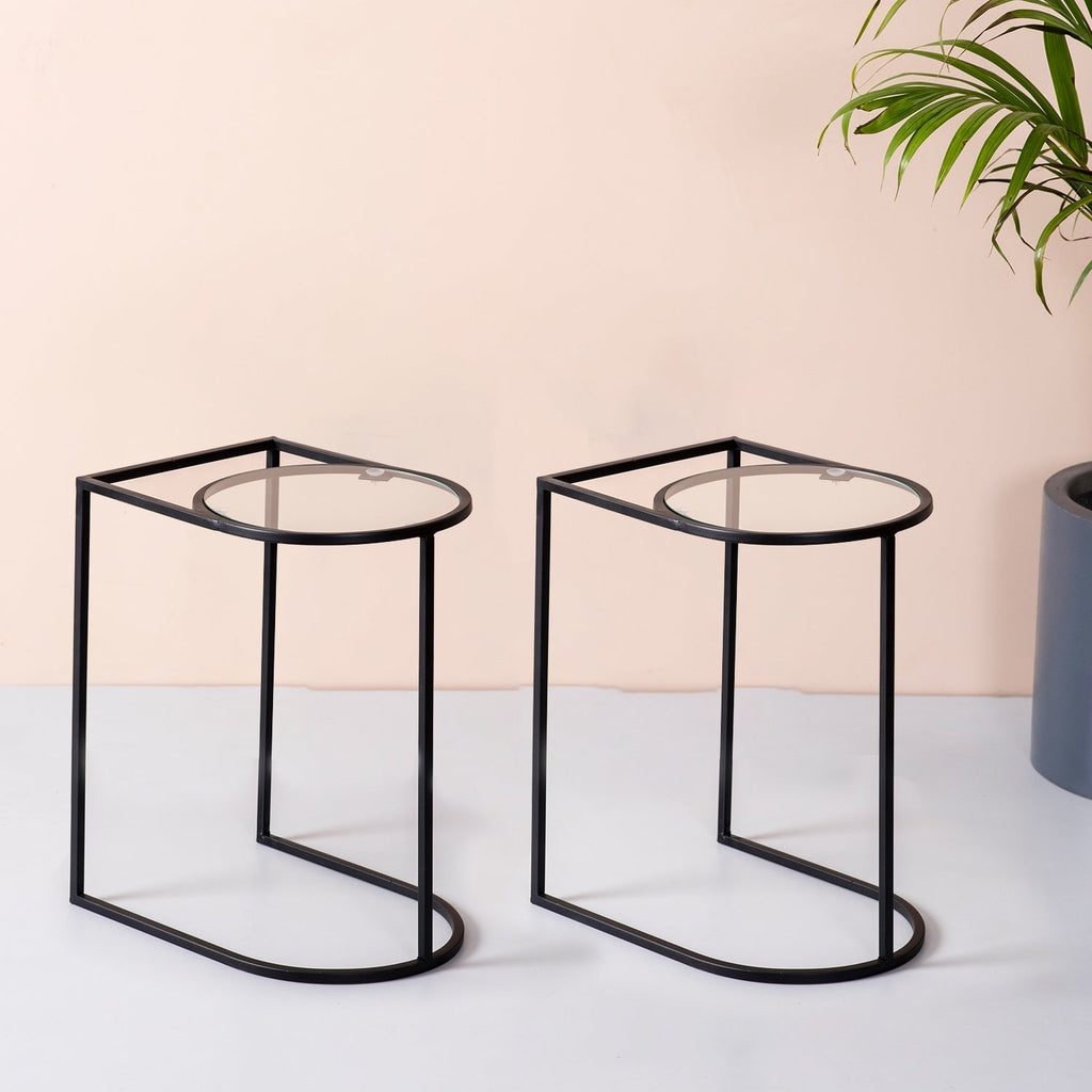Contemporary Metallic Magazine End Table in Black Color Set of 2