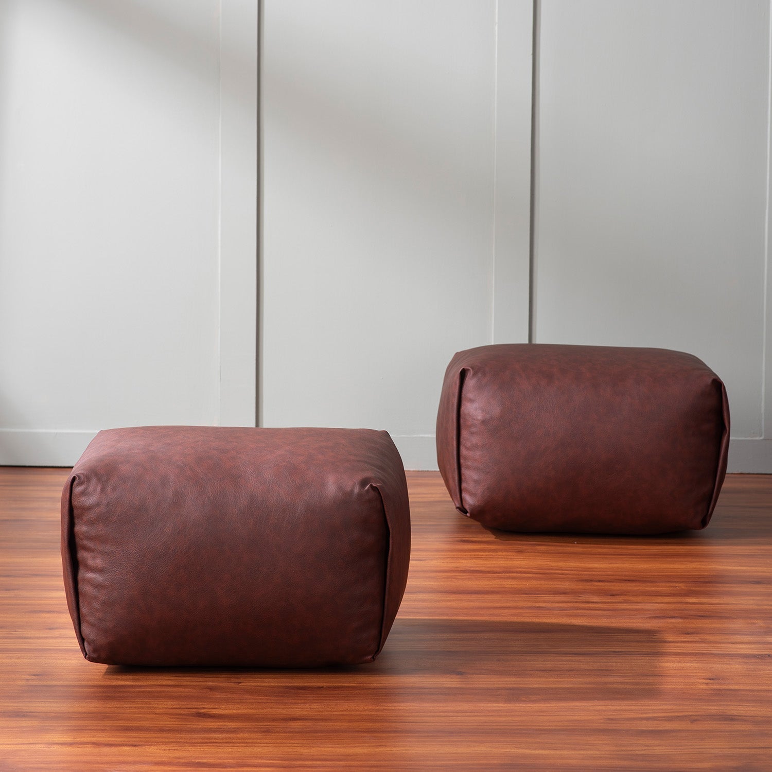 Cube Collection Brown Faux Leather Pouf Ottoman