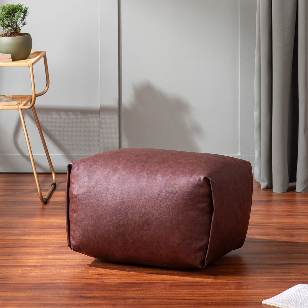 Cube Collection Brown Faux Leather Pouf Ottoman