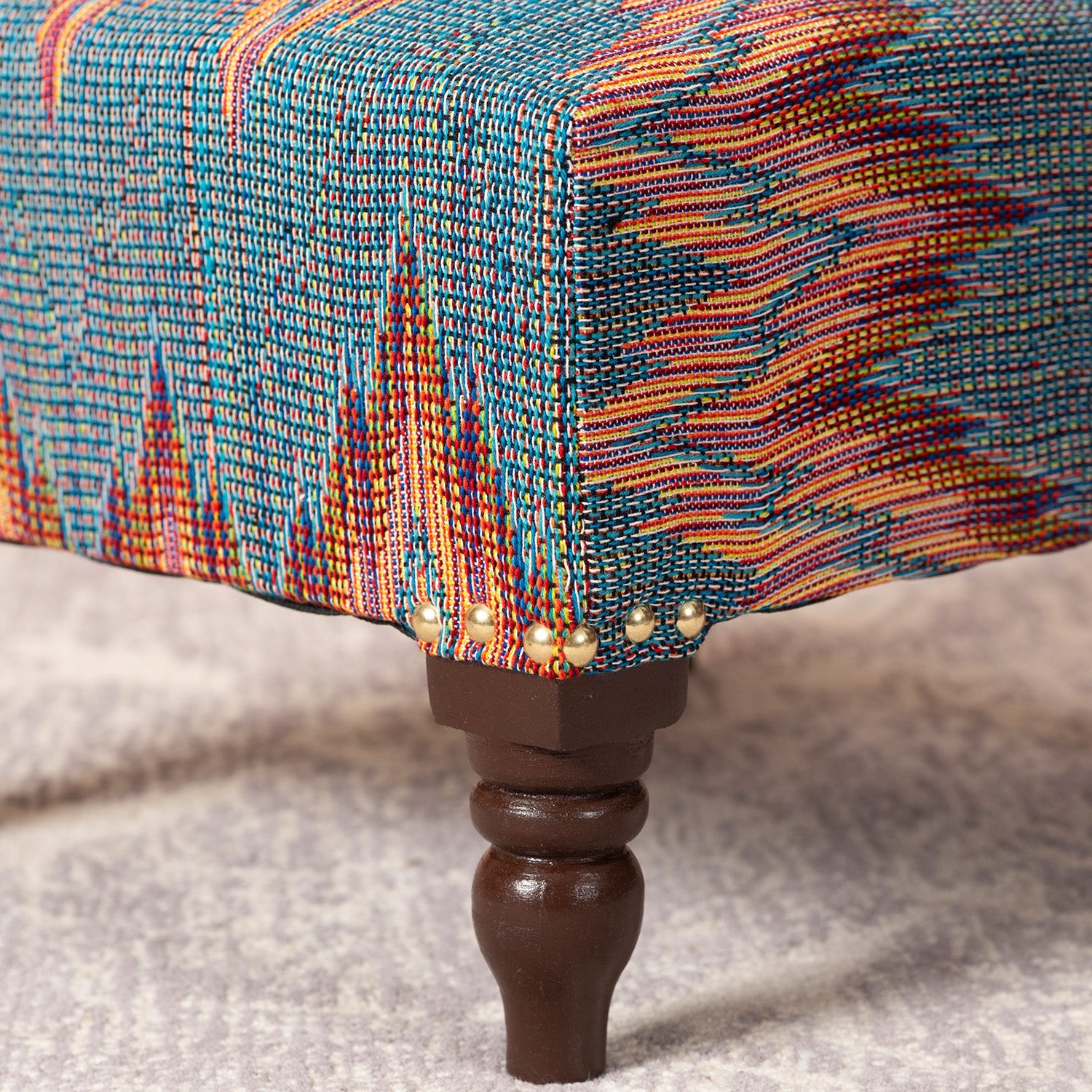 Crest Jacquard Wooden Footrests in Blue Color Set of 2