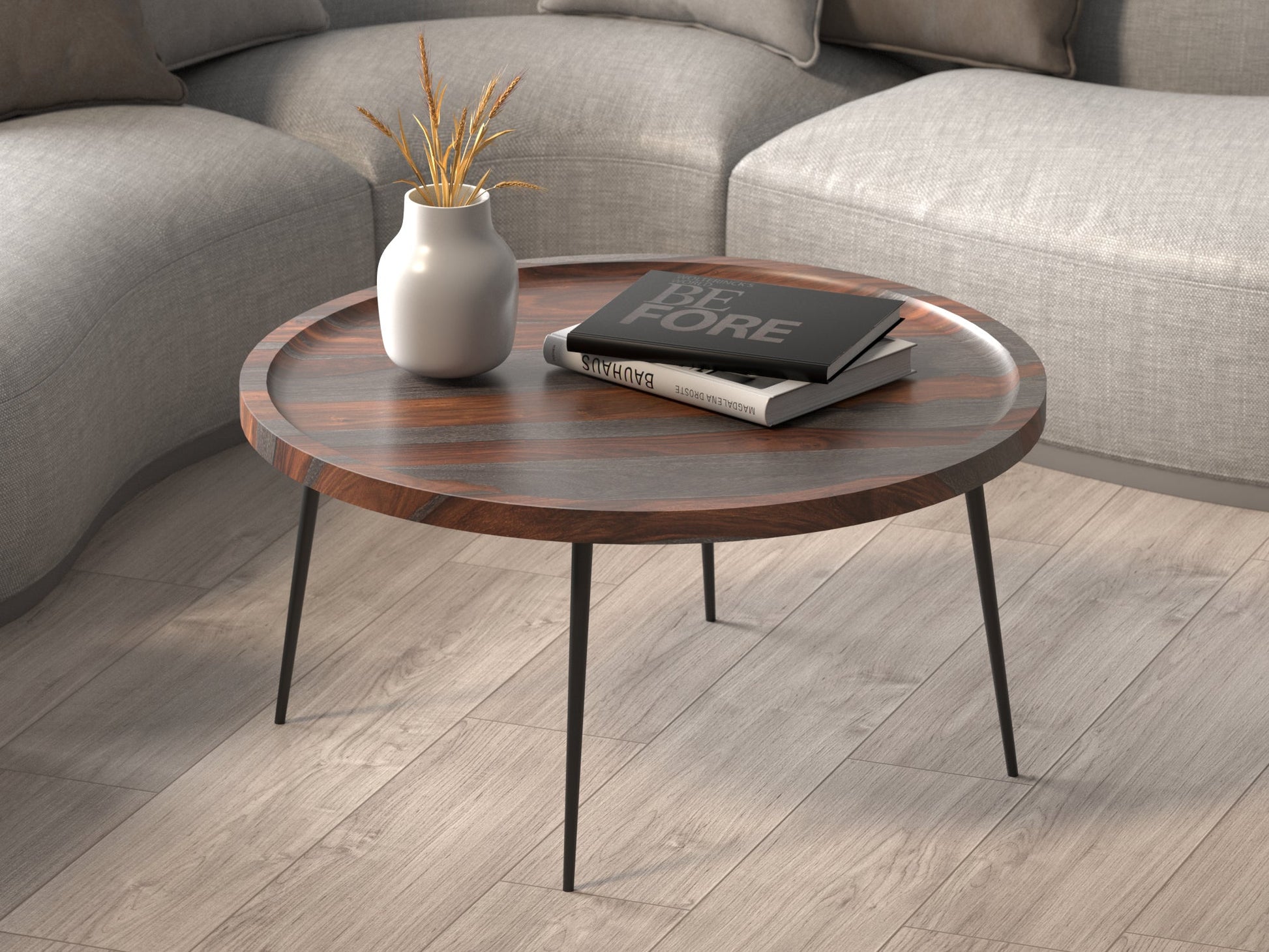 Coffee table, solid sheesham wood and steel