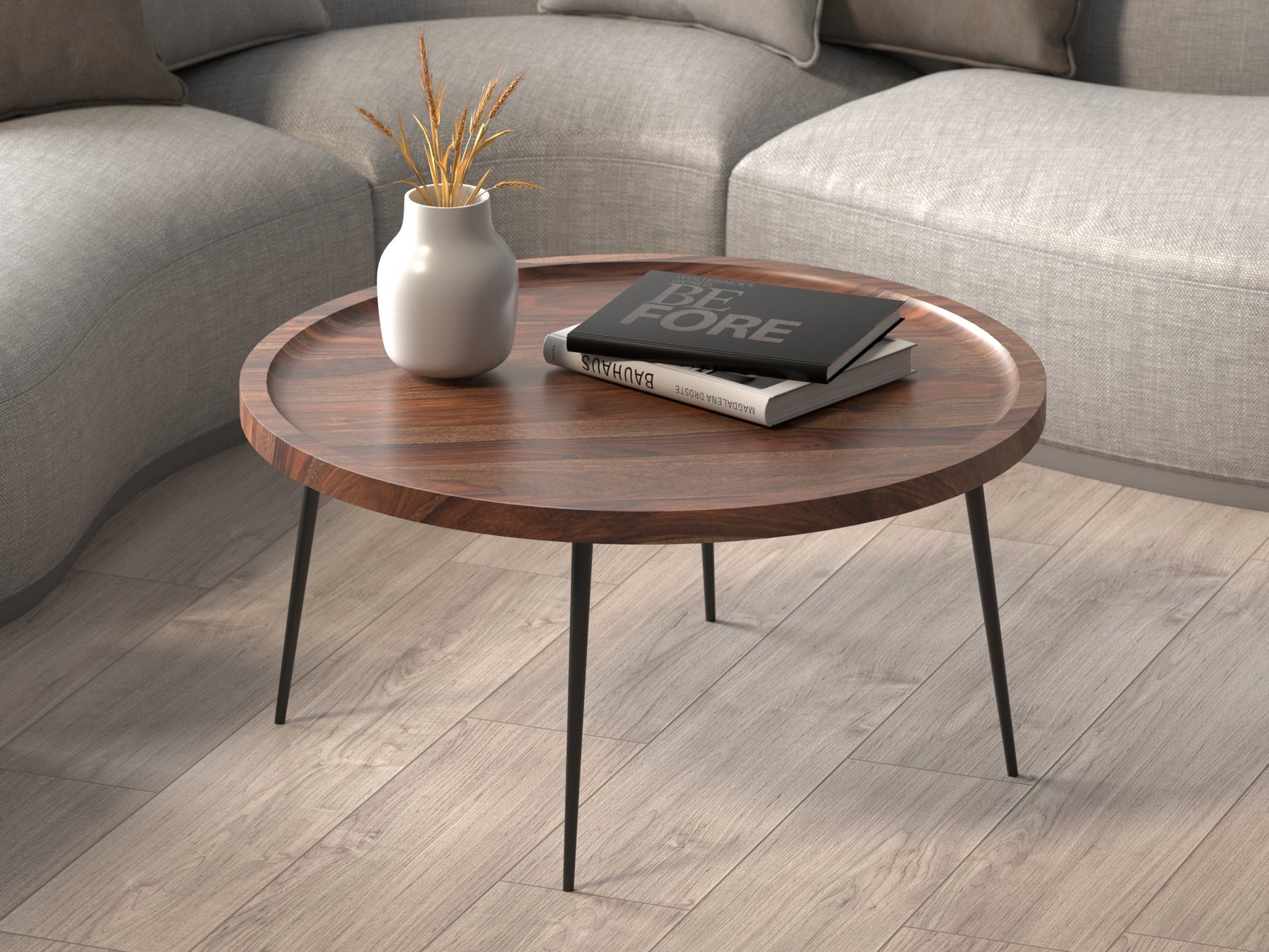 Coffee table, solid sheesham wood and steel