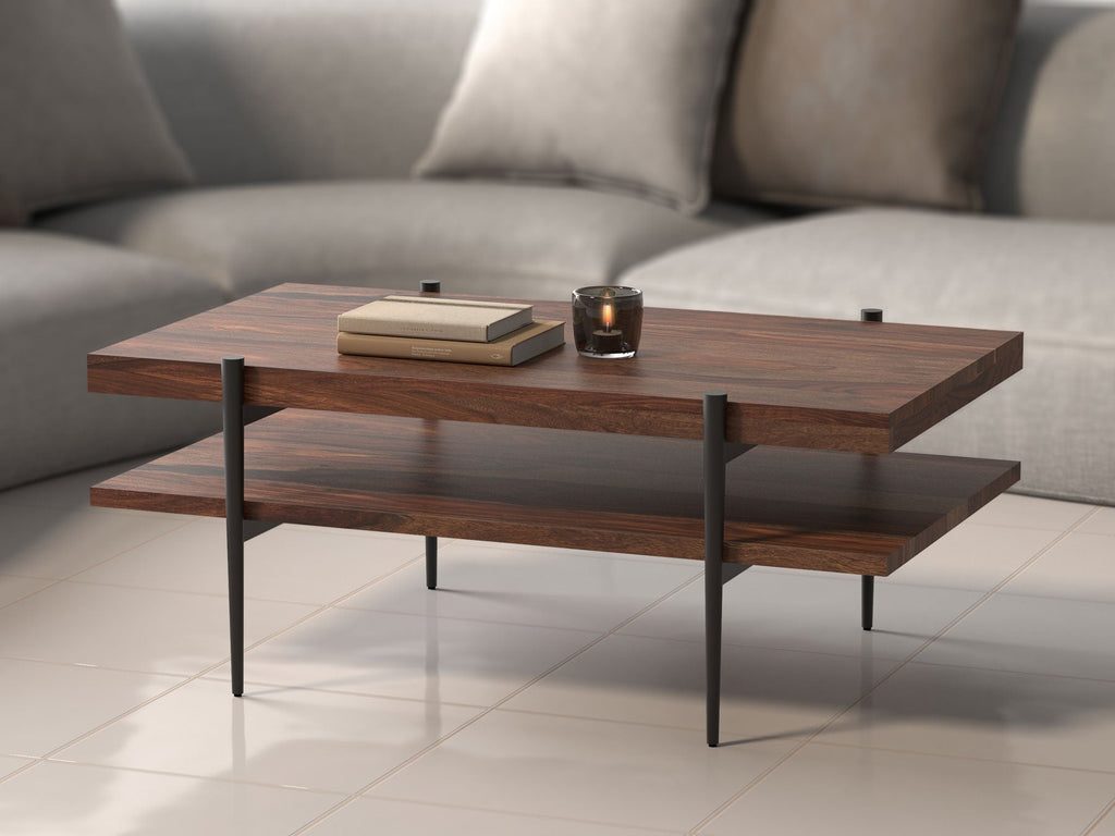 Coffee table, solid sheesham wood and steel
