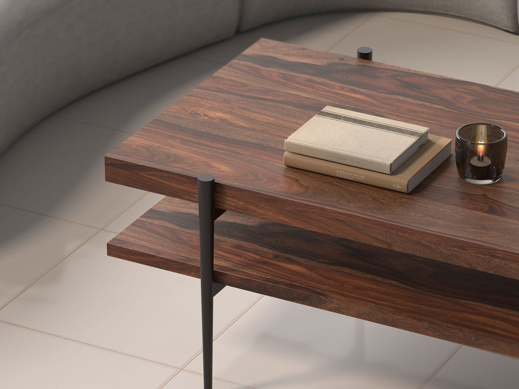 Coffee table, solid sheesham wood and steel