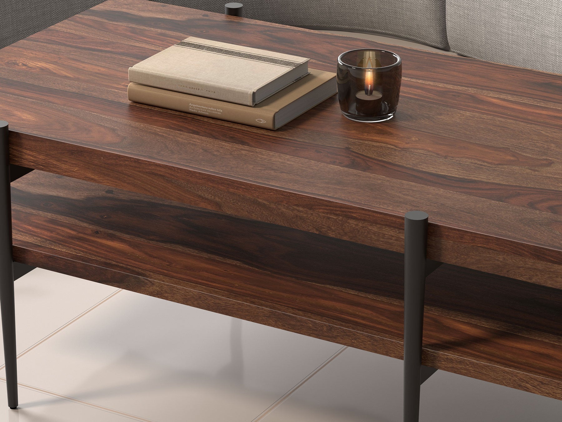 Coffee table, solid sheesham wood and steel