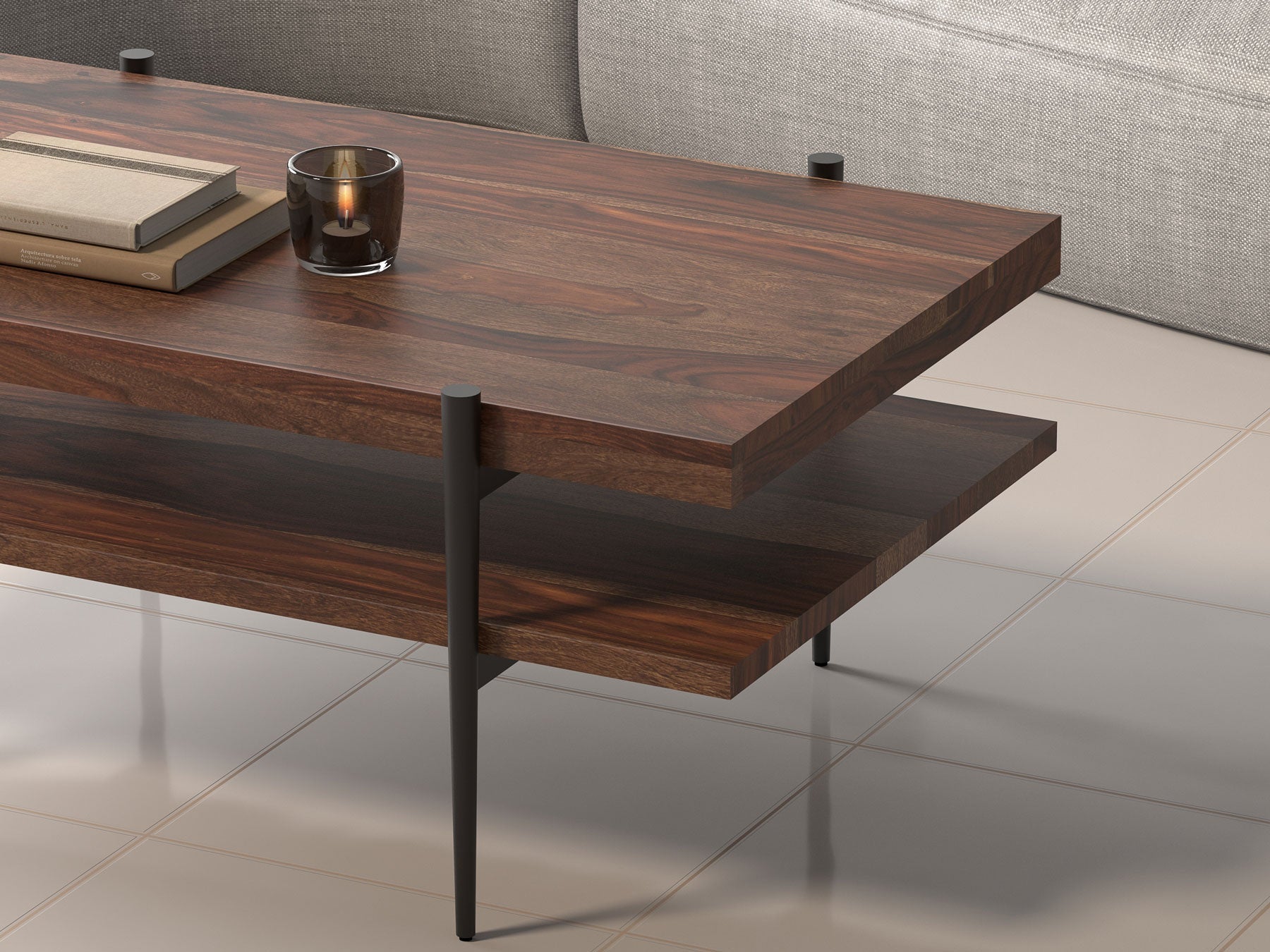 Coffee table, solid sheesham wood and steel