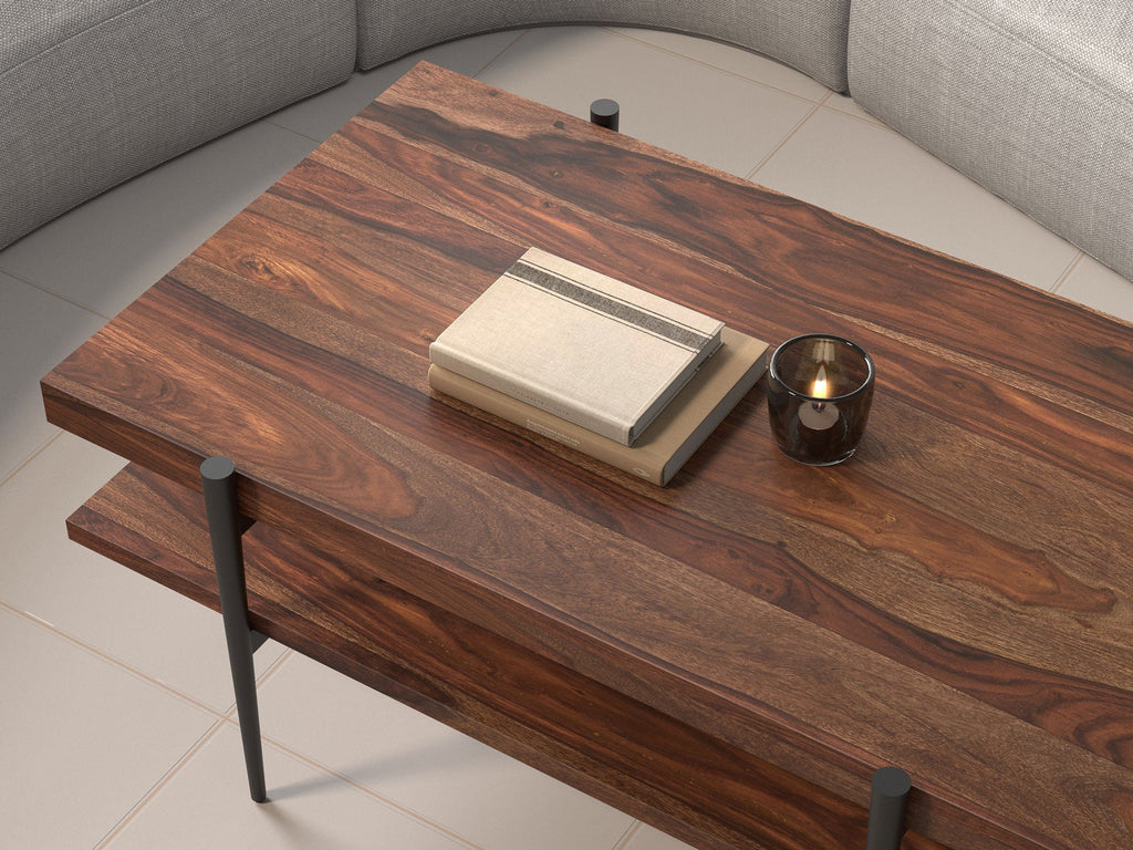 Coffee table, solid sheesham wood and steel