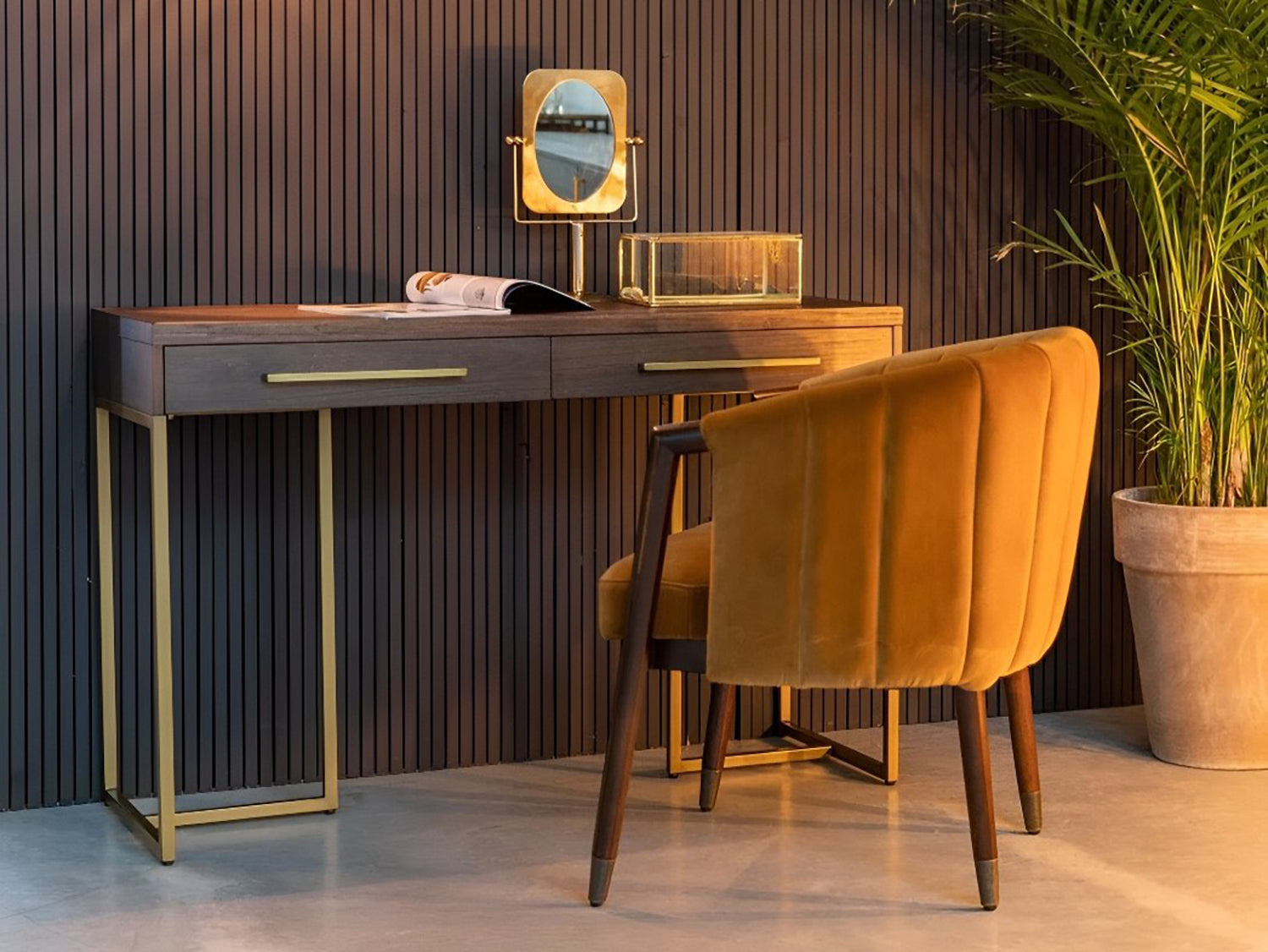 Console table, solid mango wood and steel, 2 drawers