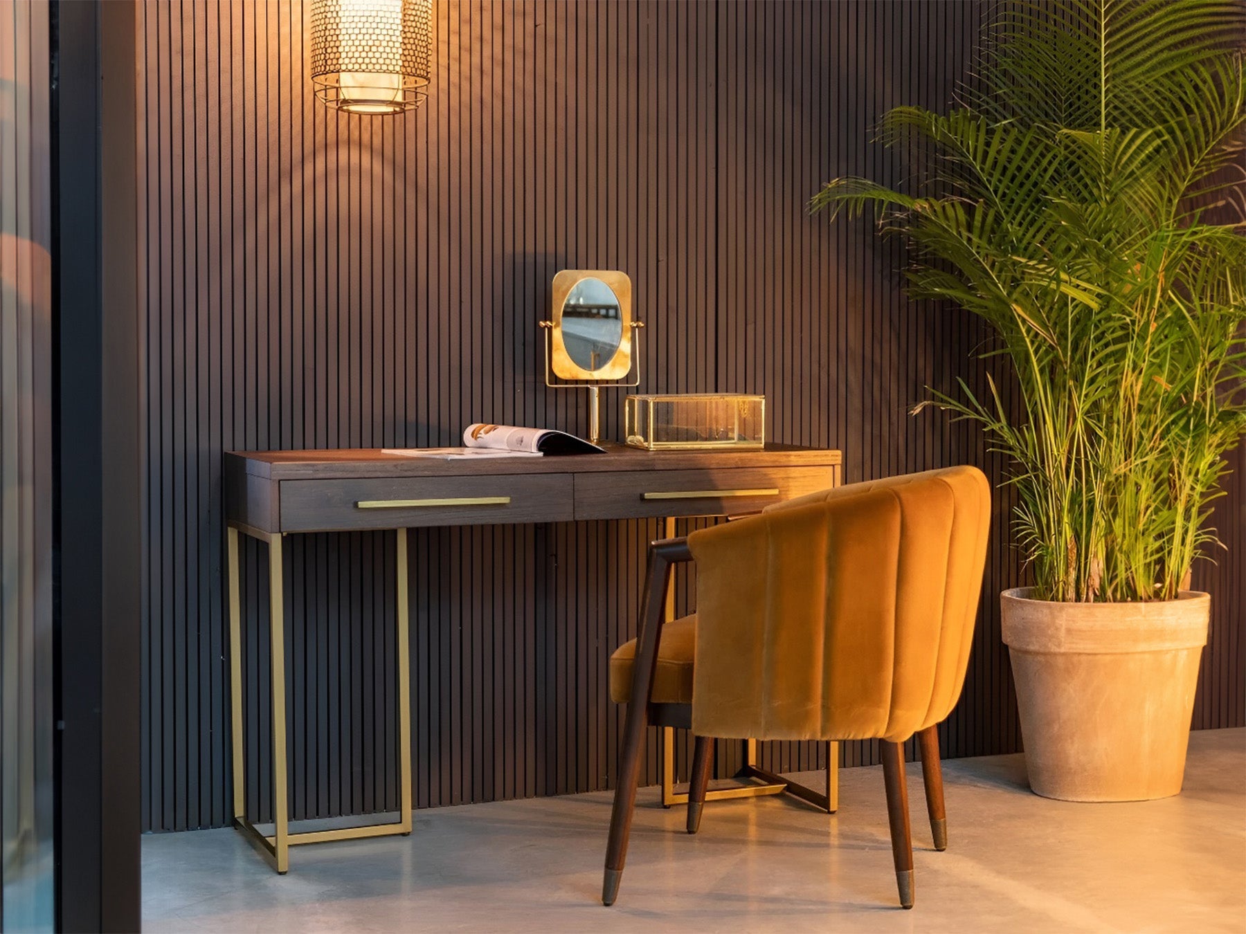 Console table, solid mango wood and steel, 2 drawers