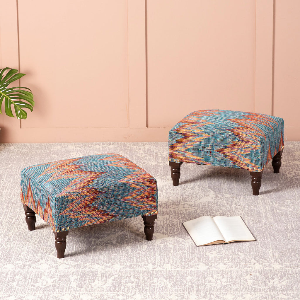 Crest Jacquard Wooden Footrests in Blue Color Set of 2