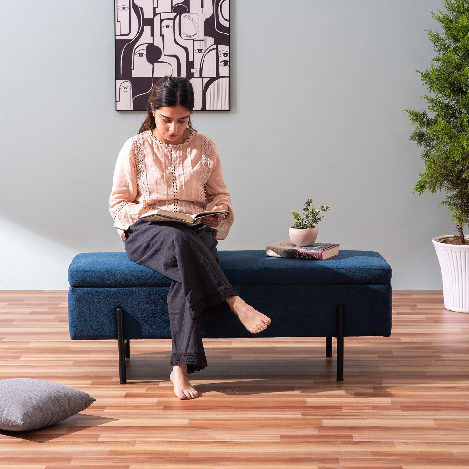 The Azure Escape Blue Ottoman Bench With Storage | Nestroots