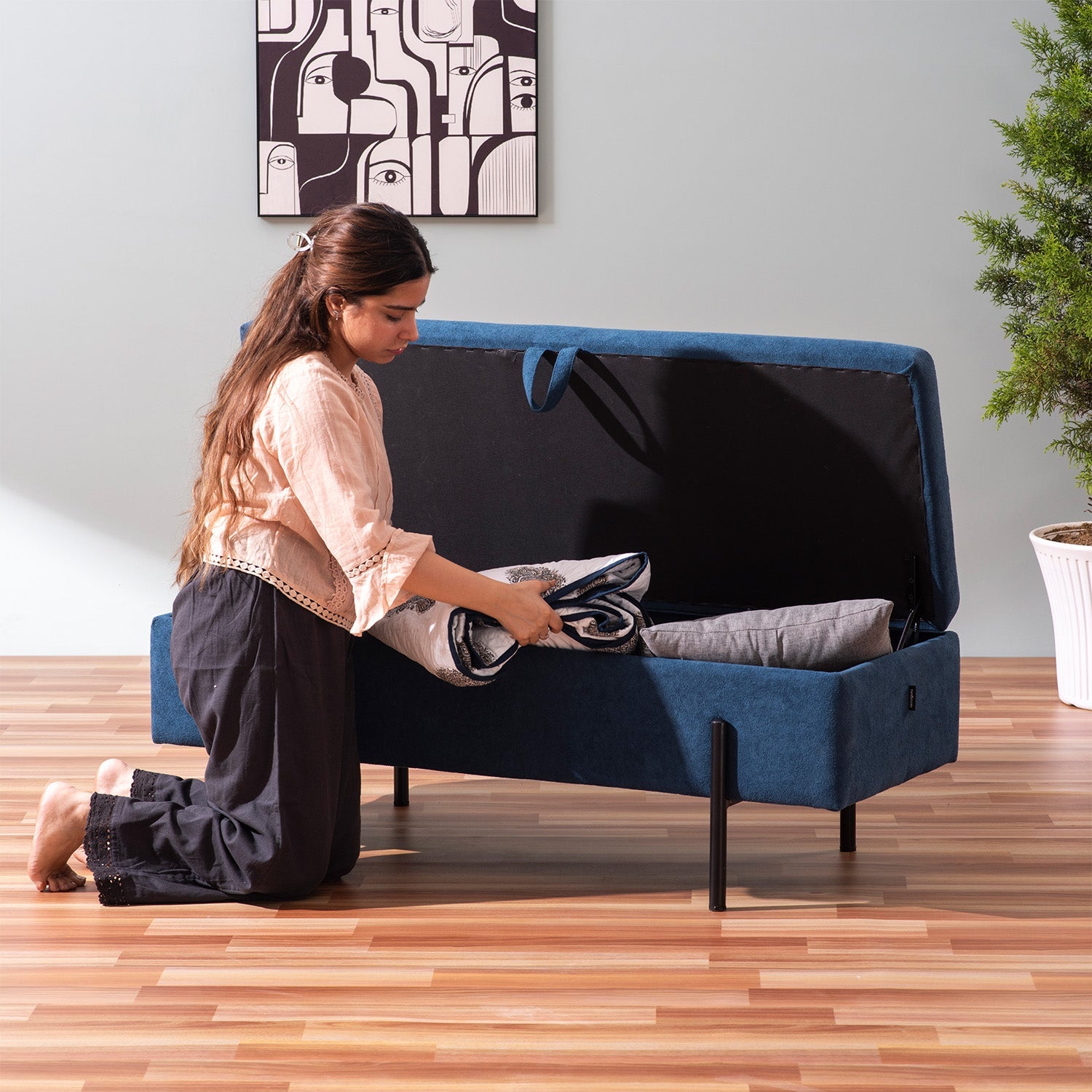 The Azure Escape Blue Ottoman Bench With Storage | Nestroots