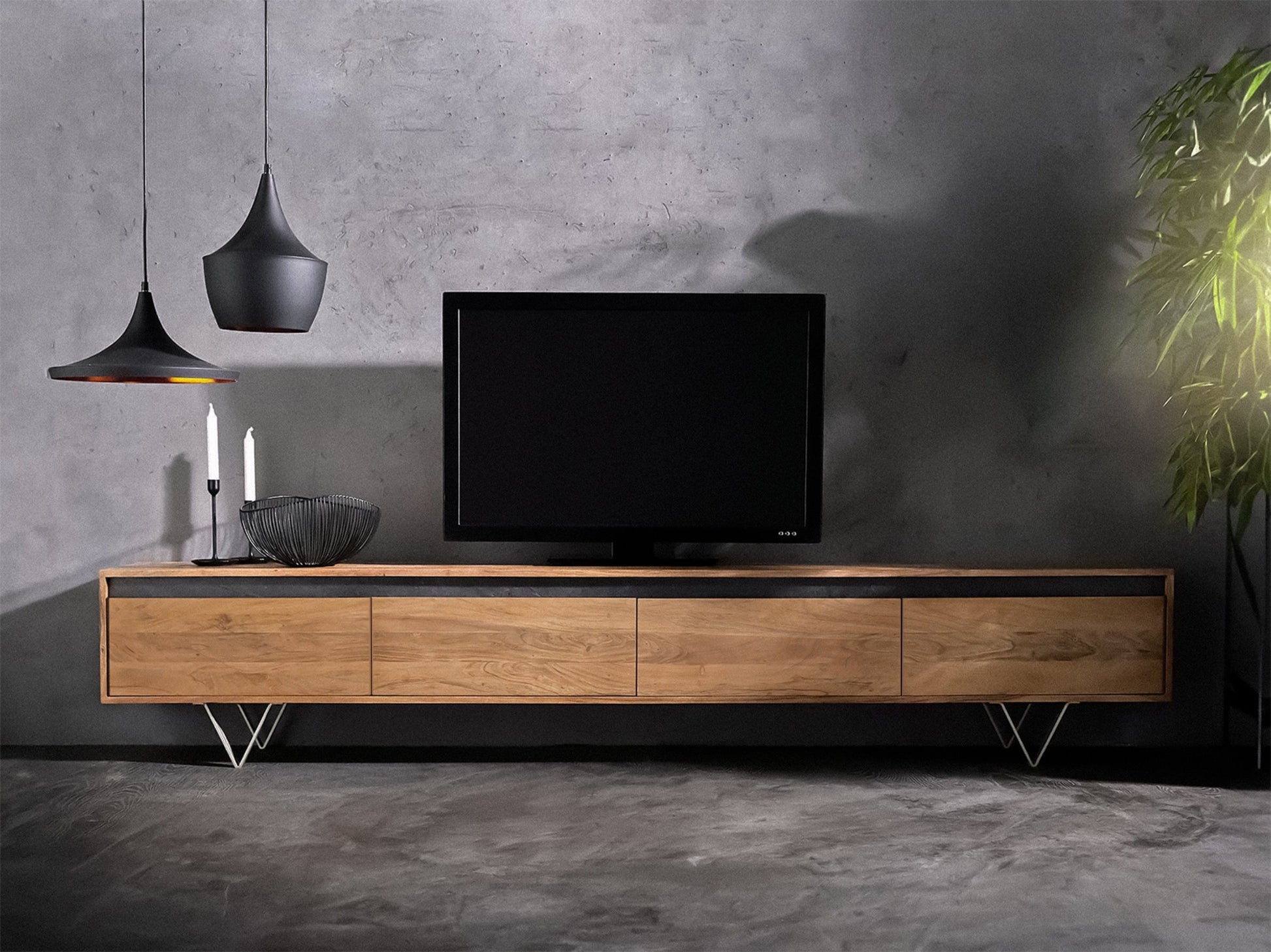 TV unit, solid acacia wood and steel, 4 drawers