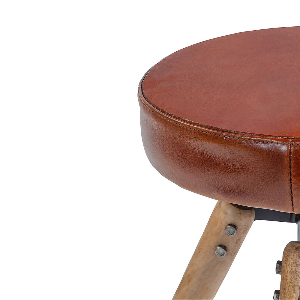 Wooden Carmen Leather Stool with Iron