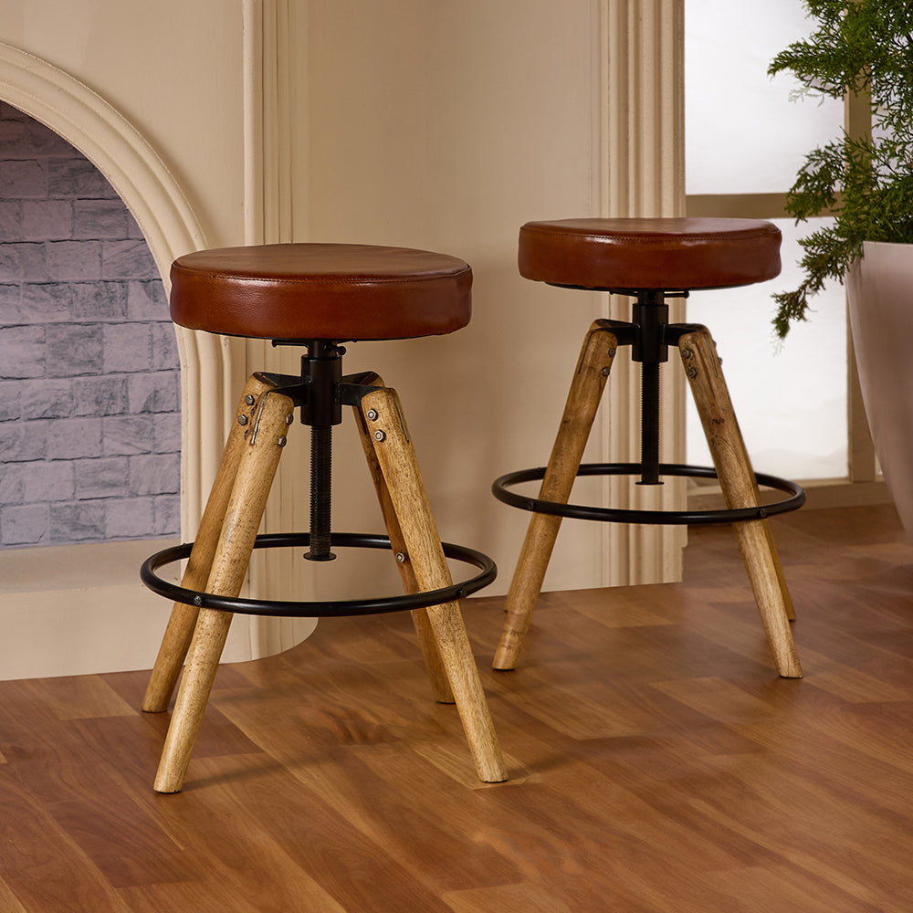 Wooden Carmen Leather Stool with Iron