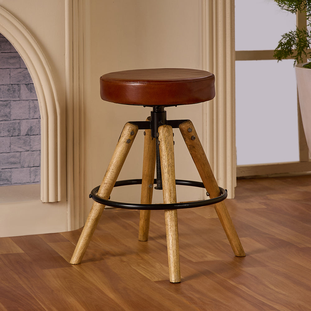 Wooden Carmen Leather Stool with Iron