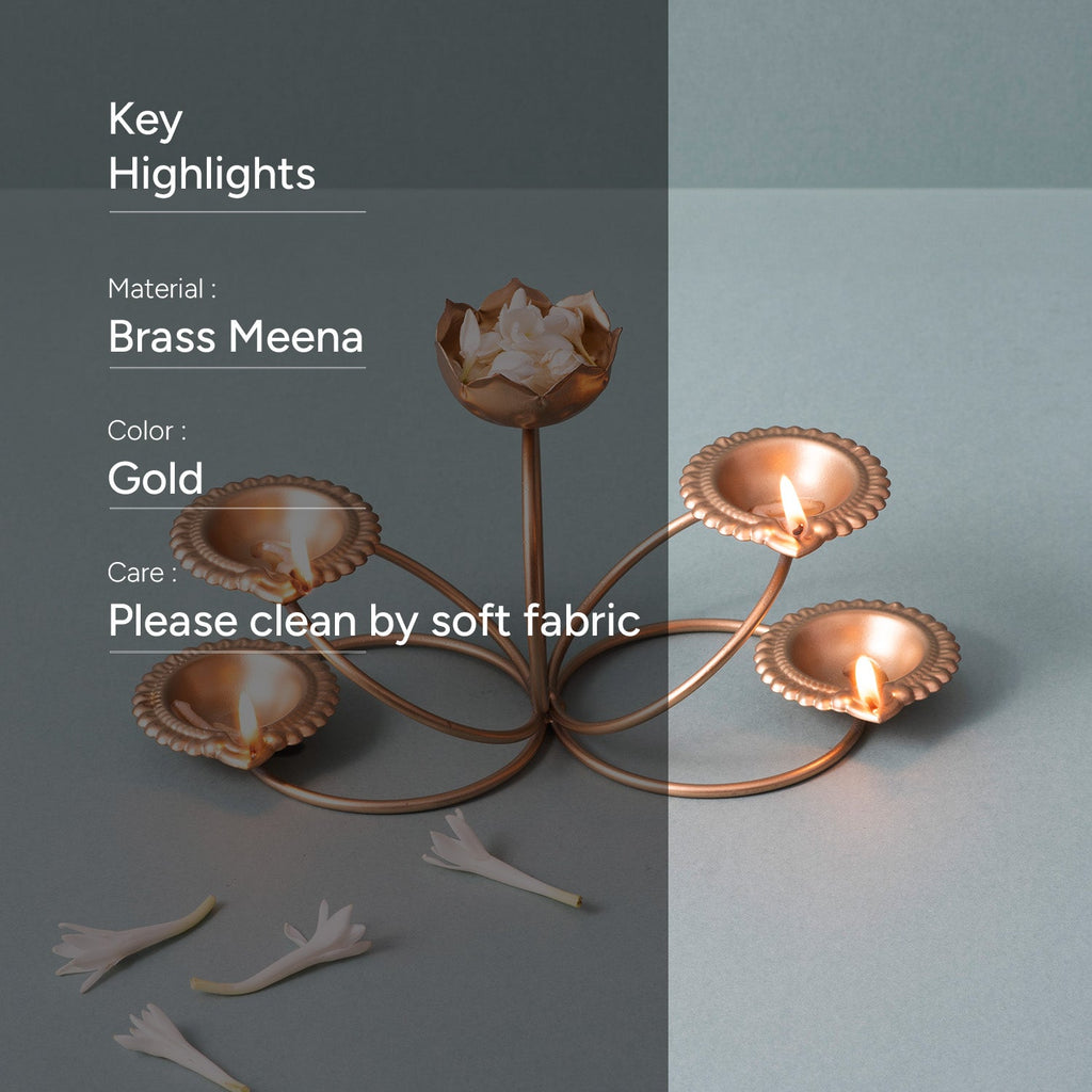 Elegant Golden Lotus Candle Holder Urli 4 Diyas