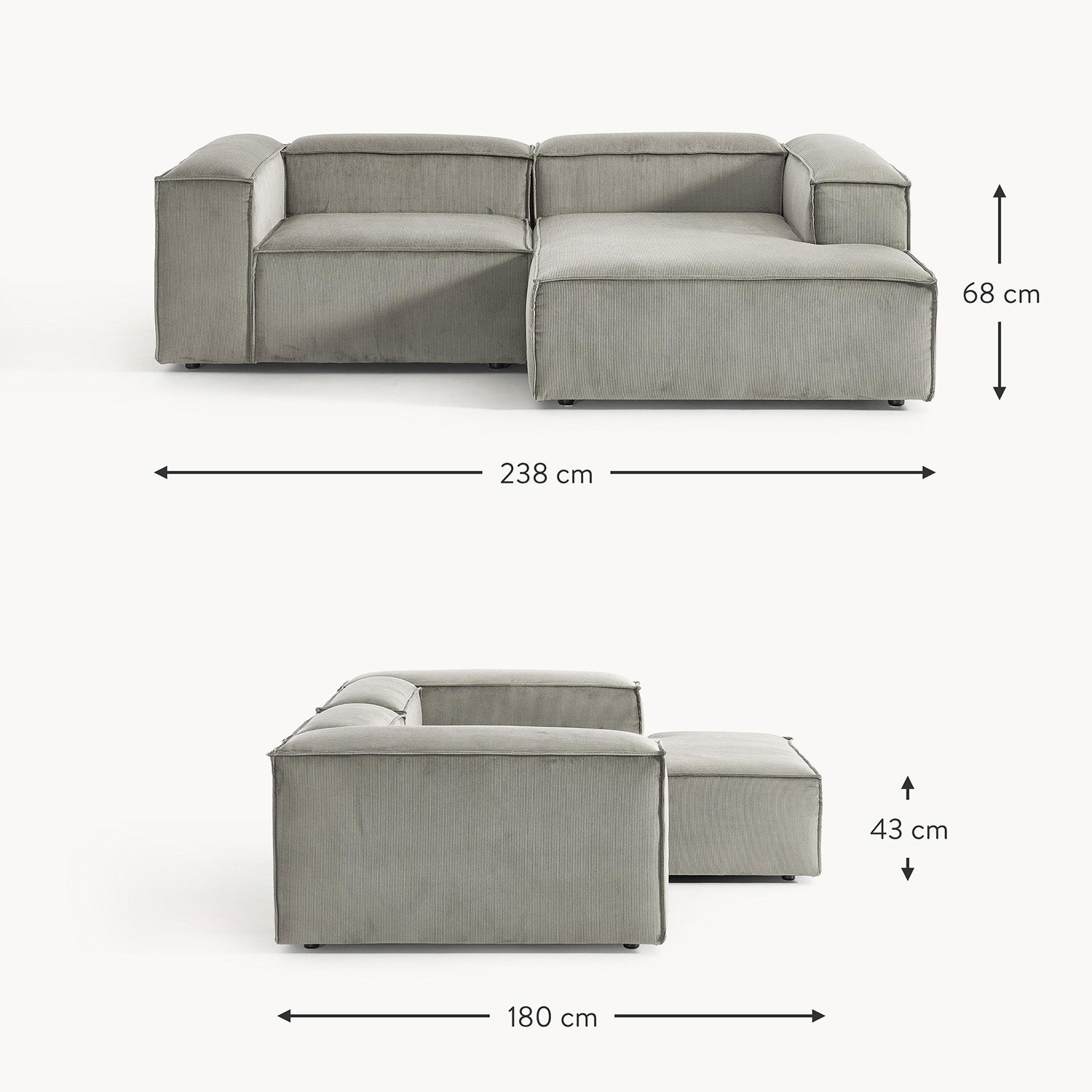 ElegantEdge 2 Seater Versatile Corduroy Grey L Shaped Sofa
