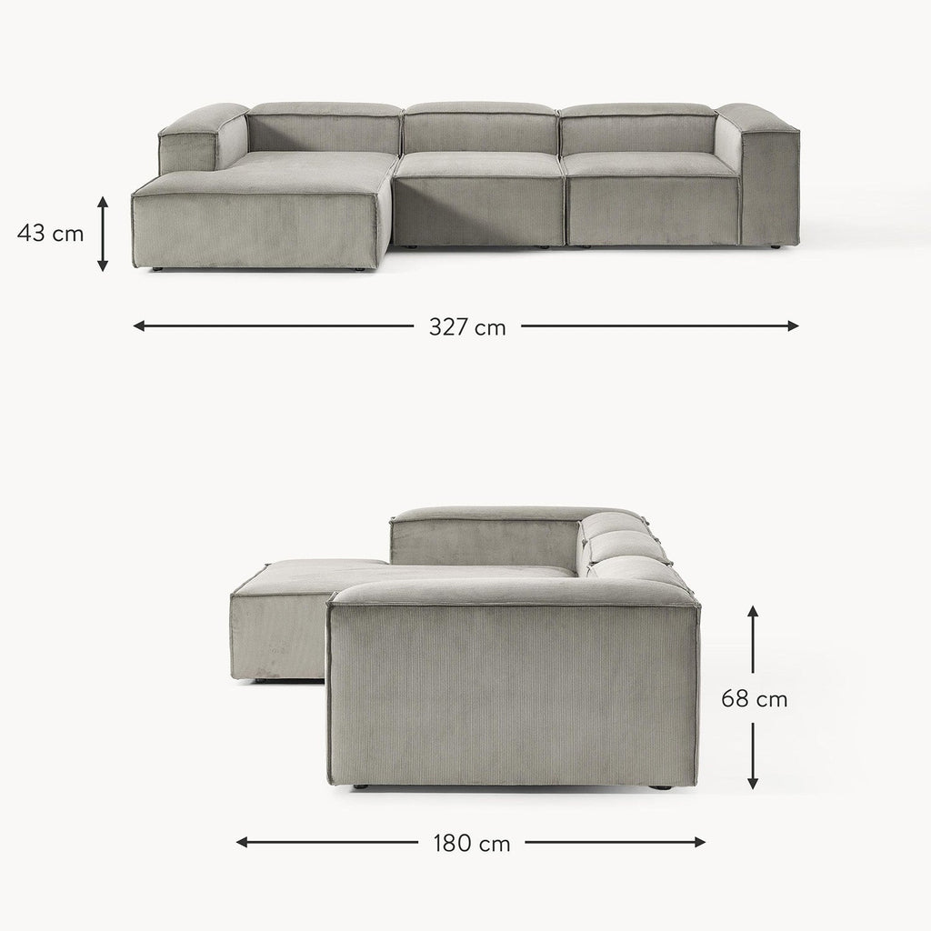 ElegantEdge 3 Seater Corduroy Grey L Shaped Sofa