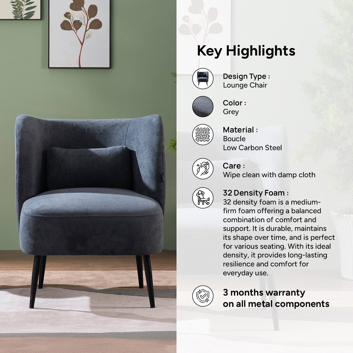 Stormy Comfort Boucle Lounge Chair in Grey Color | Nestroots